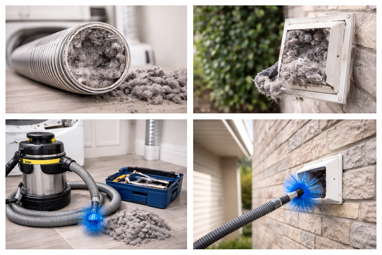Dryer vent cleaning examples including clogged ducts and exterior vent cleaning